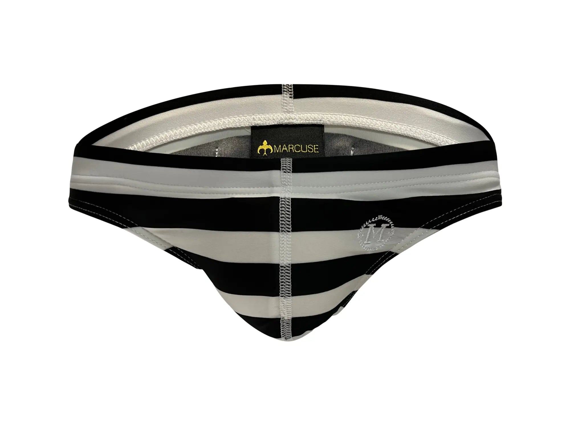 Black and white striped marcuse journée brief swimwear with subtle texture and branded waistband label