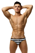Marcuse Journée brief swimwear black and white striped swim trunks with a small front logo for swimming and beachwear