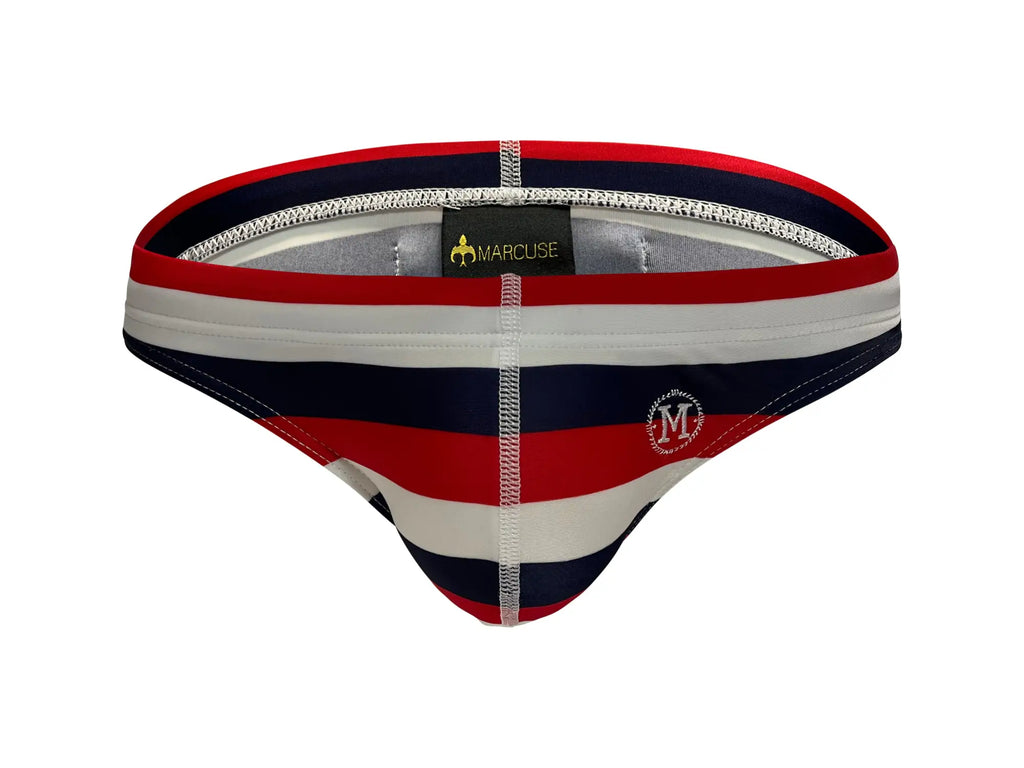 Marcuse Journée brief swimwear in red white and navy blue stripes with silver elastic waistband and embroidered logo front