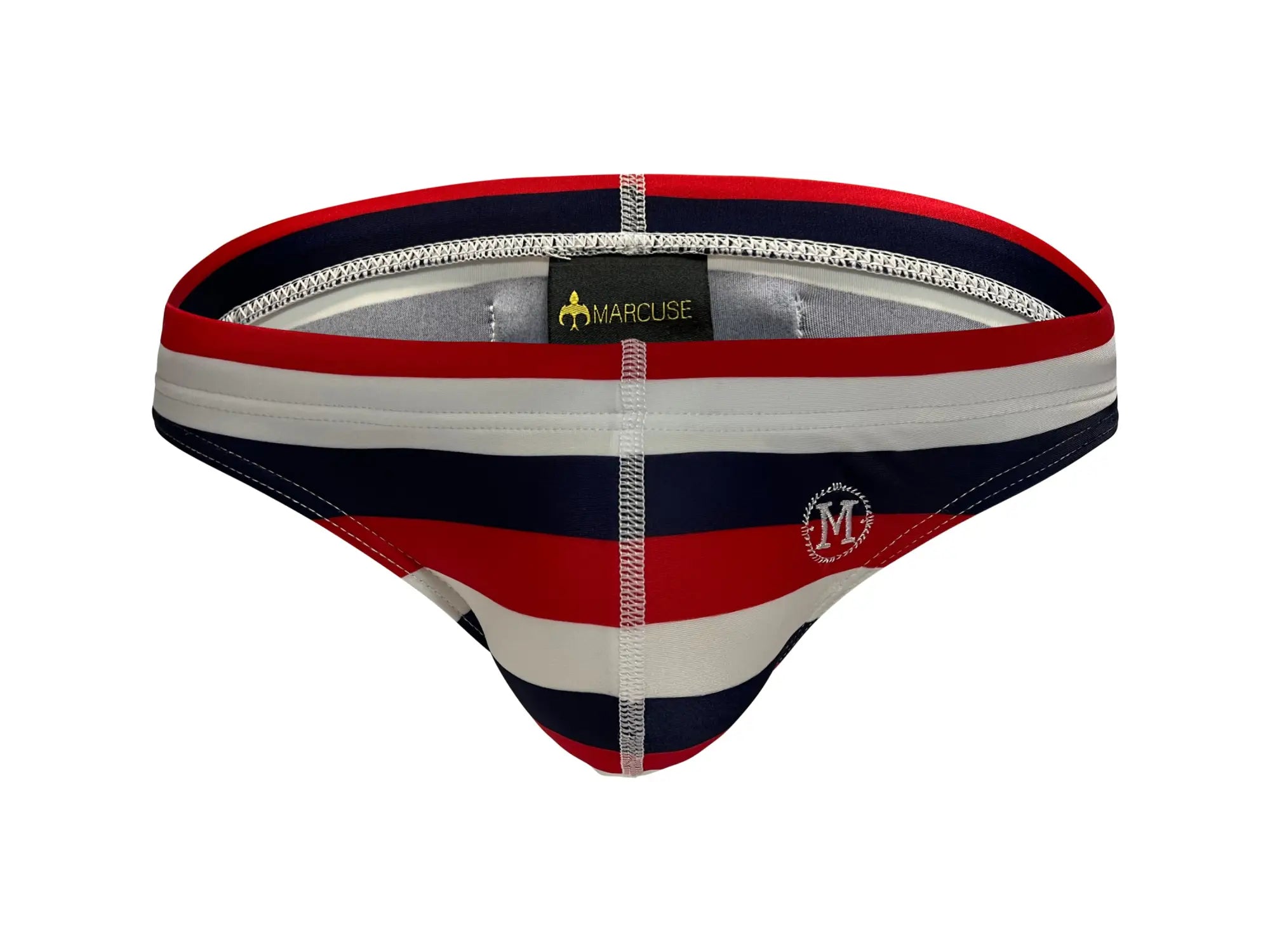 Marcuse Journée brief swimwear in red white and navy blue stripes with silver elastic waistband and embroidered logo front