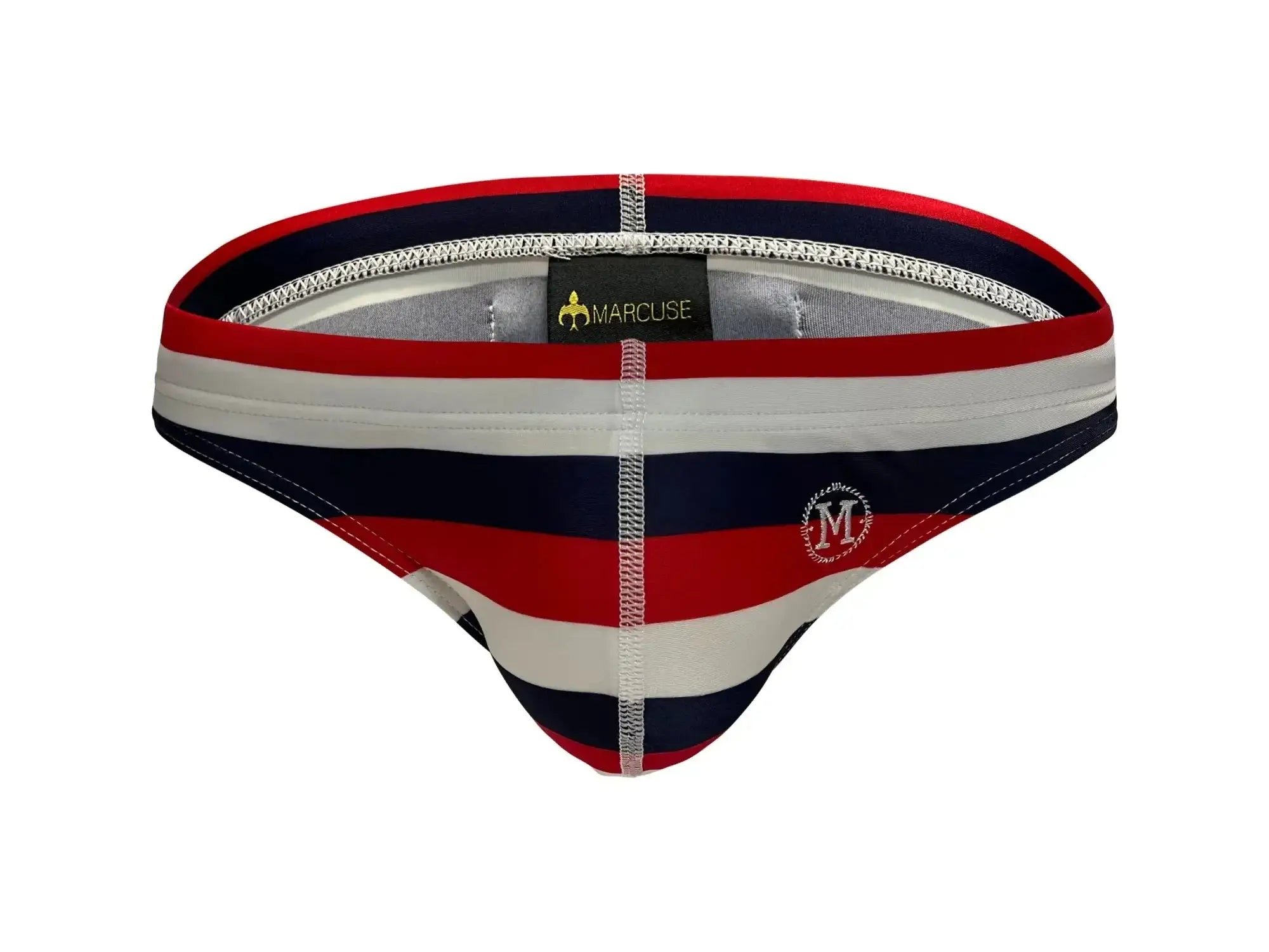 Marcuse Journée brief swimwear in red white and navy blue stripes with silver elastic waistband and embroidered logo front