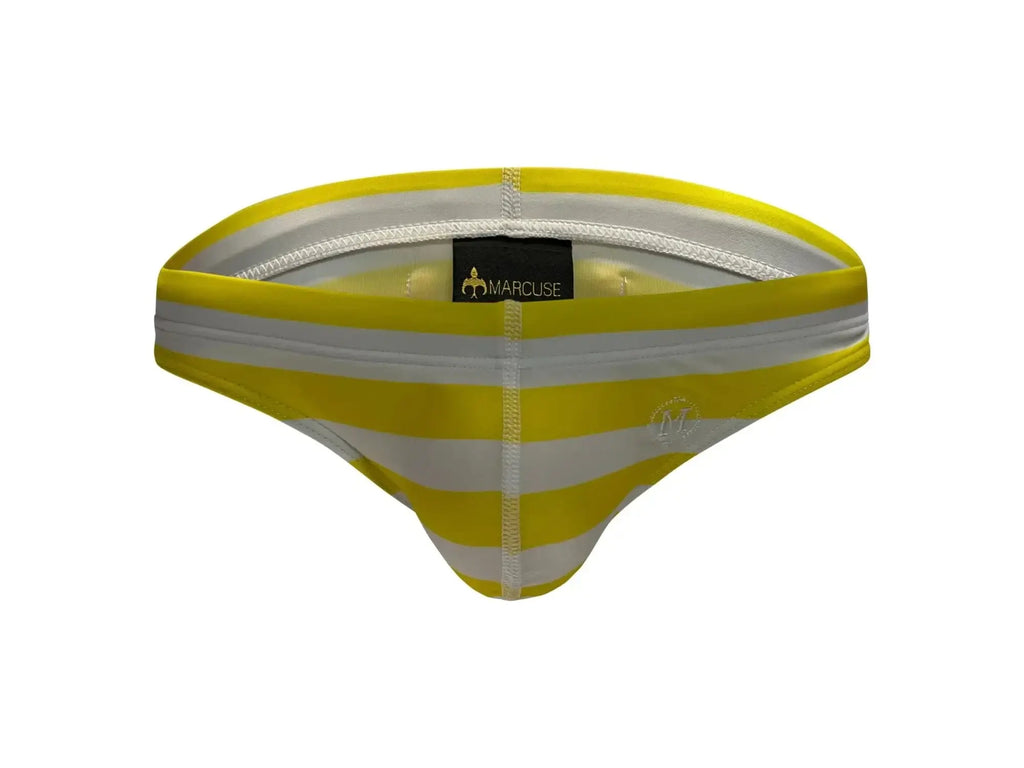 Marcuse Journée brief swimwear in yellow and white striped design for men highlighting comfortable fabric
