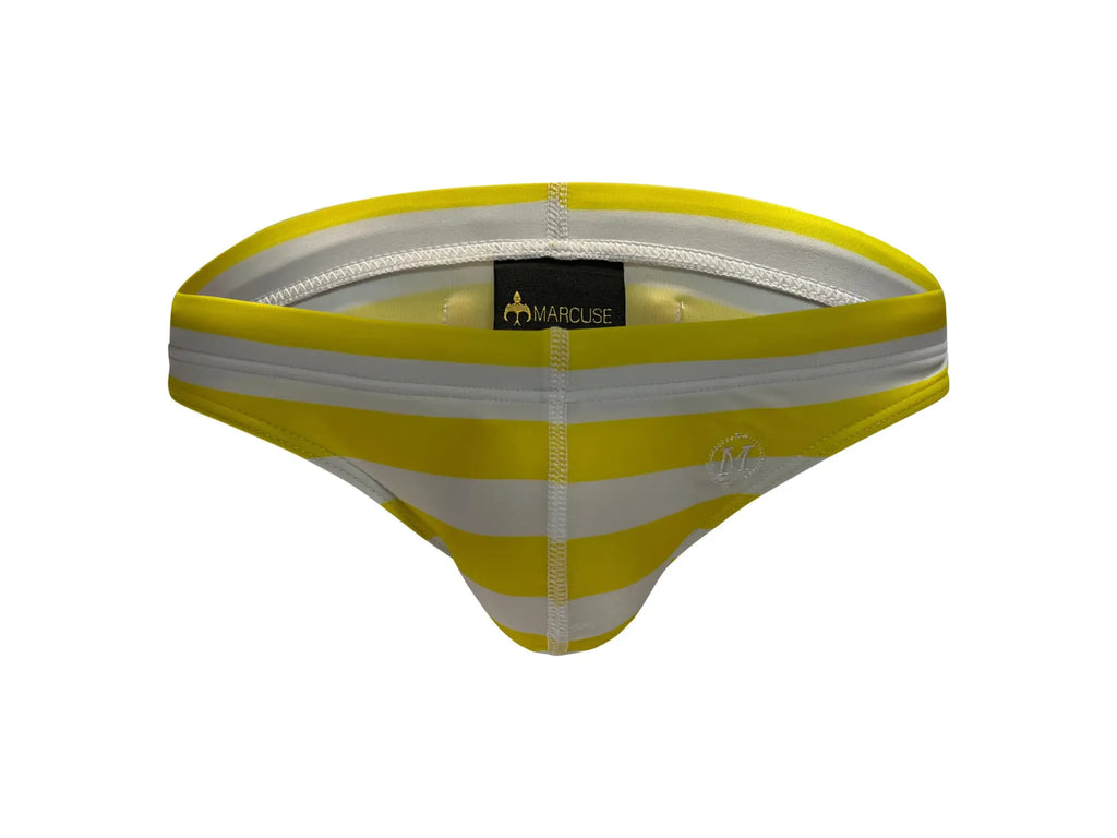 Marcuse Journée brief swimwear in yellow and white striped design for men highlighting comfortable fabric
