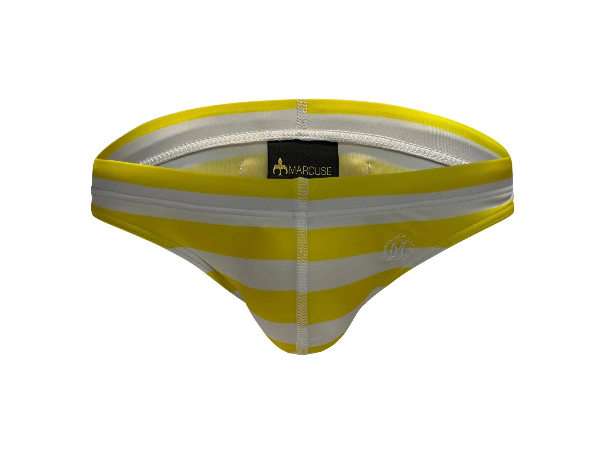 Marcuse Journée brief swimwear in yellow and white striped design for men highlighting comfortable fabric