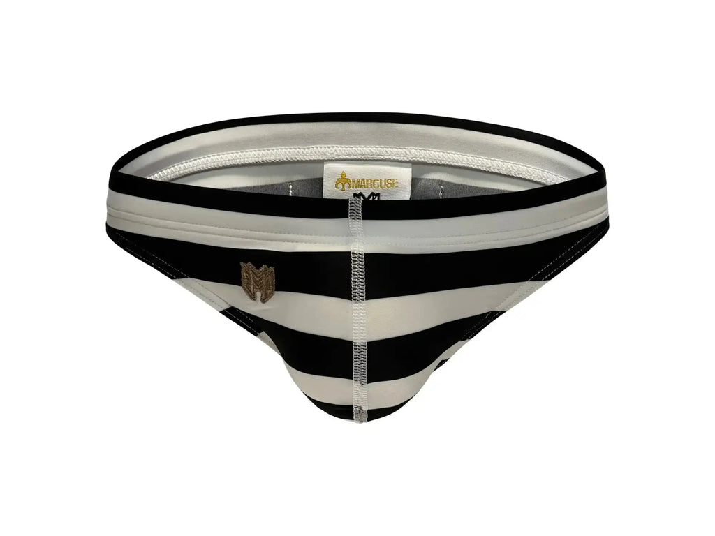 Marcuse Journée thong swimwear black and white striped men’s briefs with gold logo on the front