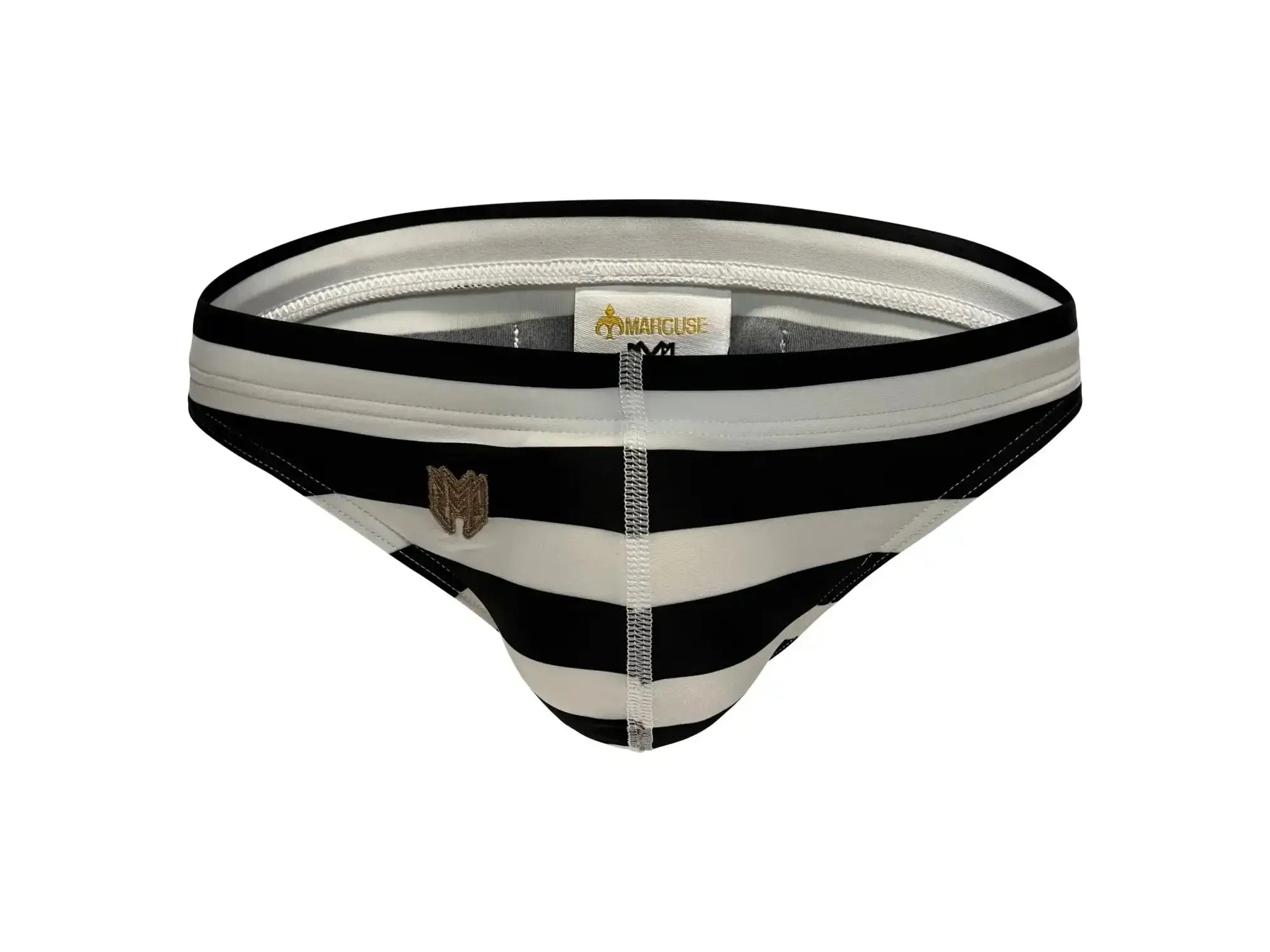 Marcuse Journée thong swimwear black and white striped men’s briefs with gold logo on the front