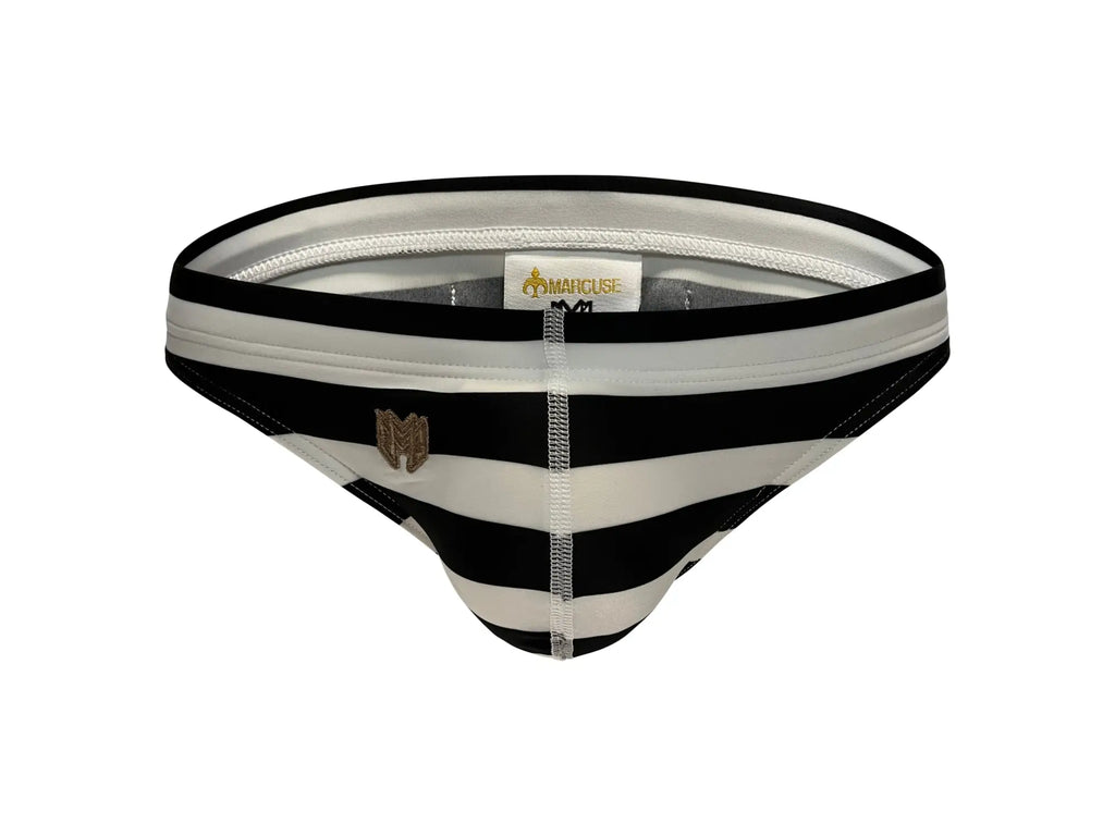 Marcuse Journée thong swimwear black and white striped men’s briefs with gold logo on the front