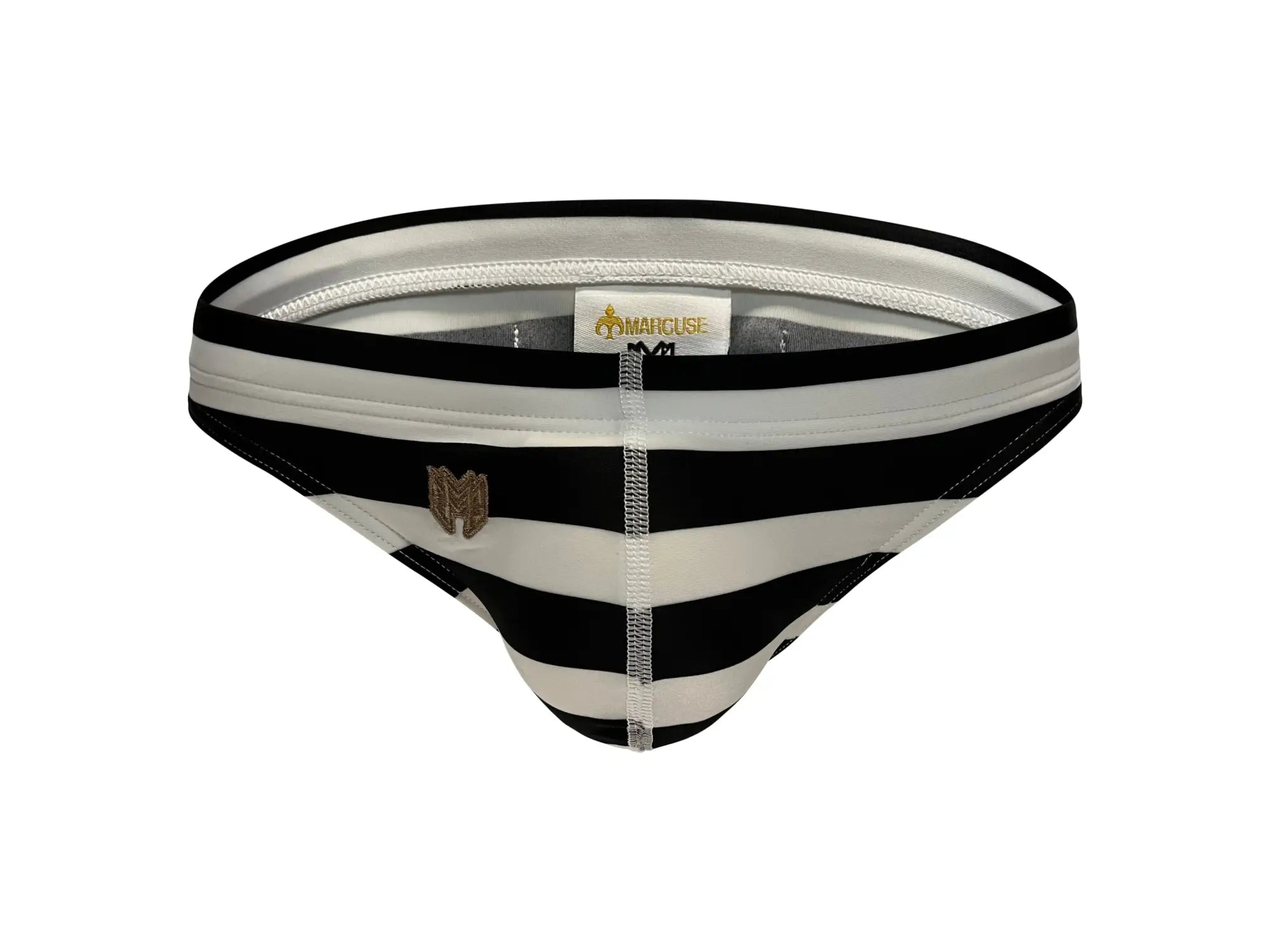 Marcuse Journée thong swimwear black and white striped men’s briefs with gold logo on the front