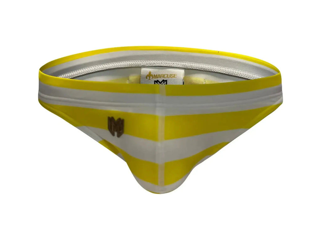 Yellow and white striped marcuse journée thong swimwear with silver zipper lining and brown front logo