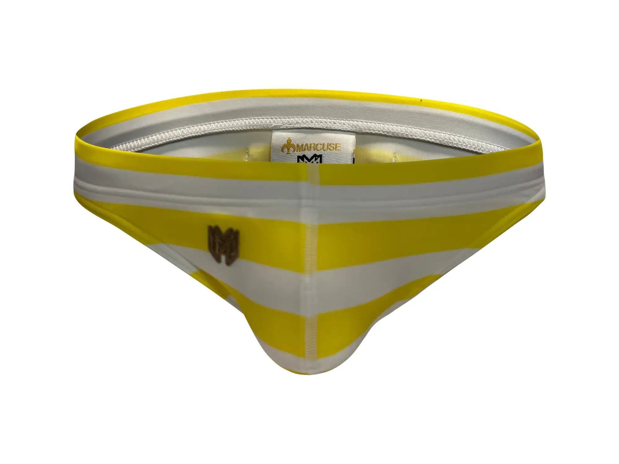 Yellow and white striped marcuse journée thong swimwear with silver zipper lining and brown front logo