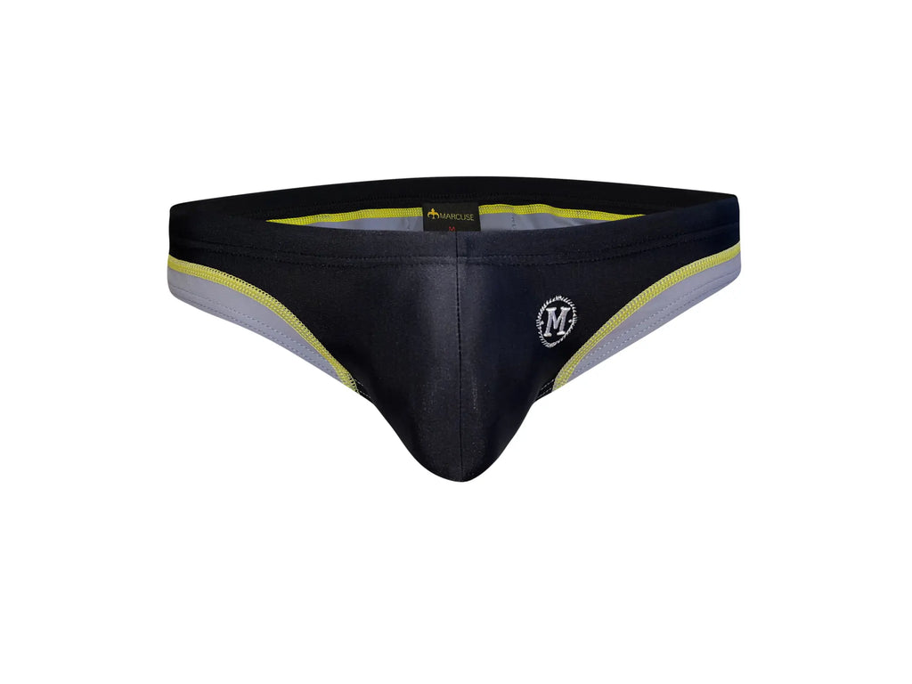 Marcuse Joyeux bikini swimwear in black and gray athletic briefs with neon yellow trim and subtle m logo on front