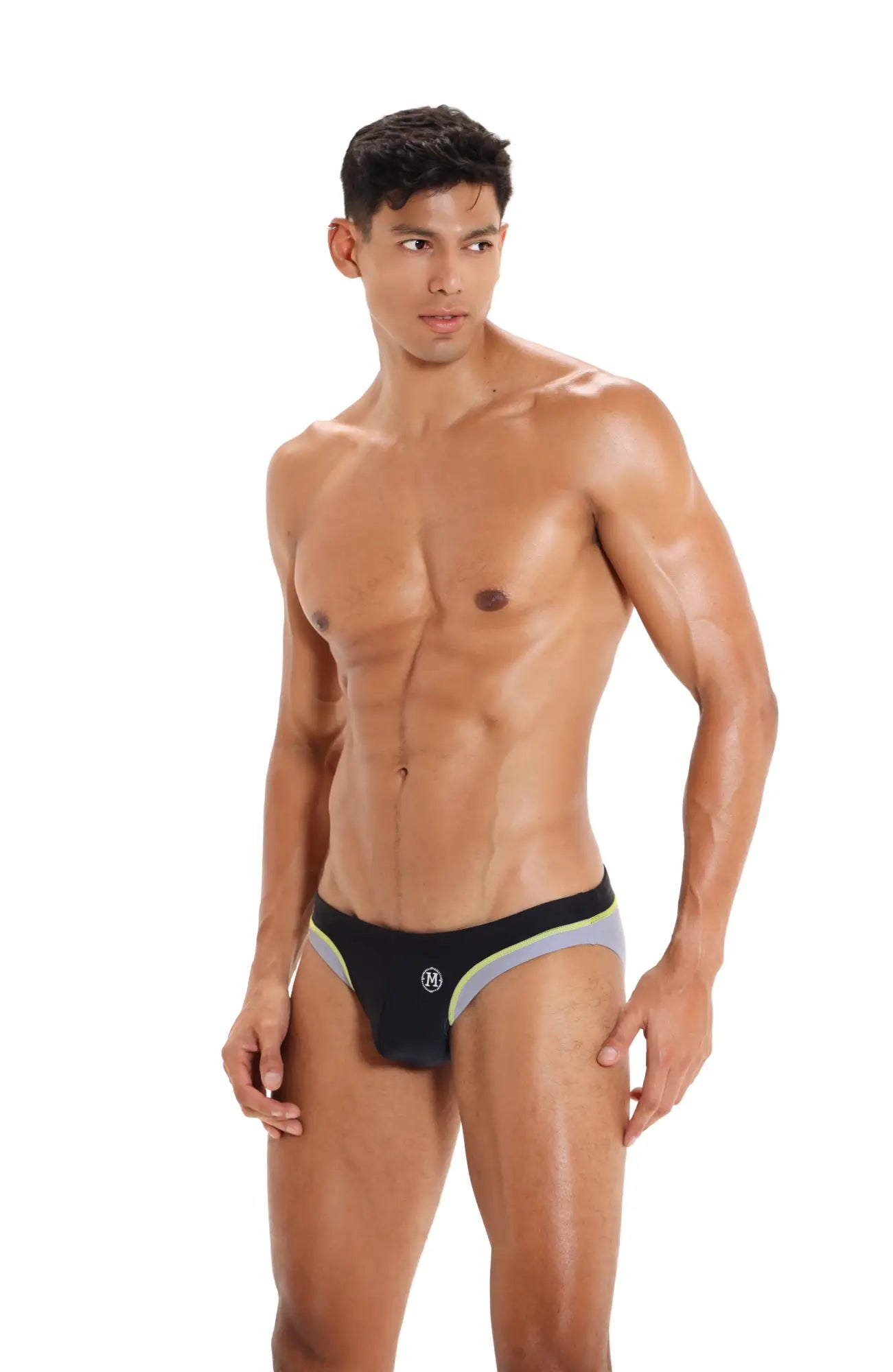 Black Marcuse Joyeux bikini swimwear swim trunks with gray and neon green trim for stylish beachwear