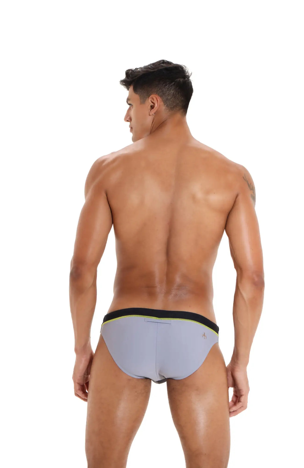 Gray Marcuse Joyeux bikini swimwear trunks with black and lime green trim for stylish swimwear use