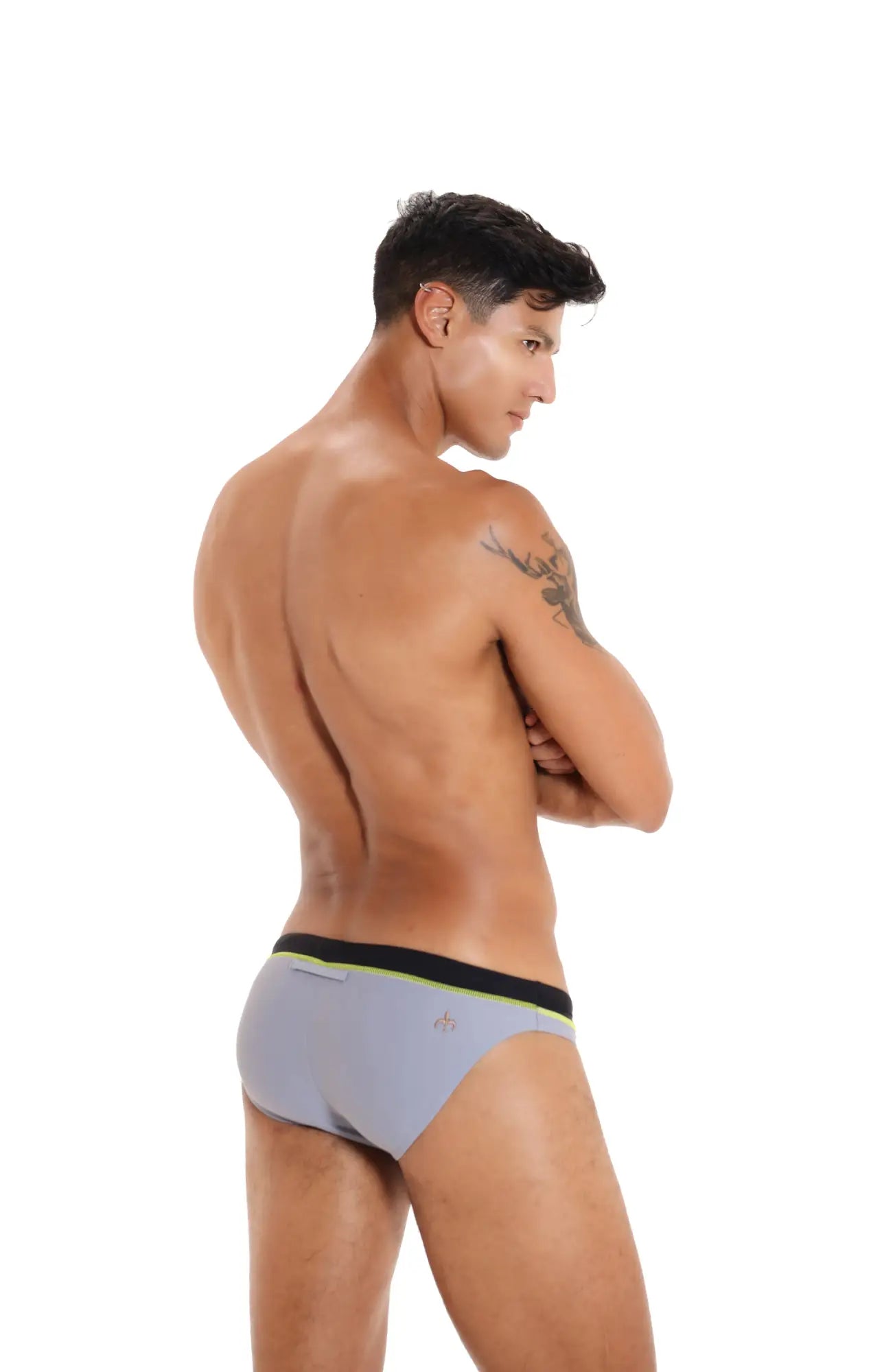 Marcuse Joyeux bikini swimwear light gray briefs with black waistband and subtle lime green stitching