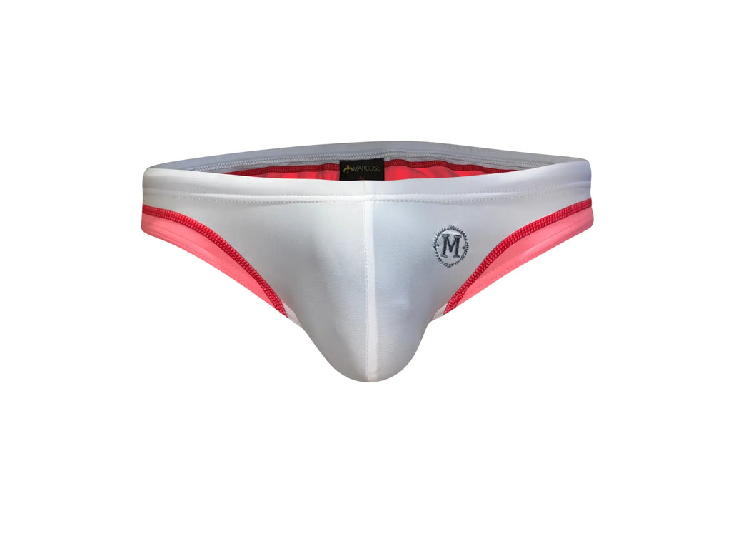 Marcuse Joyeux bikini swimwear featuring white and coral pink athletic briefs with a sleek form-fitting design