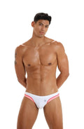 Marcuse Joyeux bikini swimwear white swim trunks with pink trim and small front logo for stylish beachwear