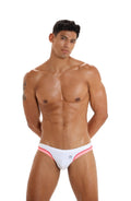 Marcuse Joyeux bikini swimwear white swim trunks with pink trim and small front logo for stylish beachwear