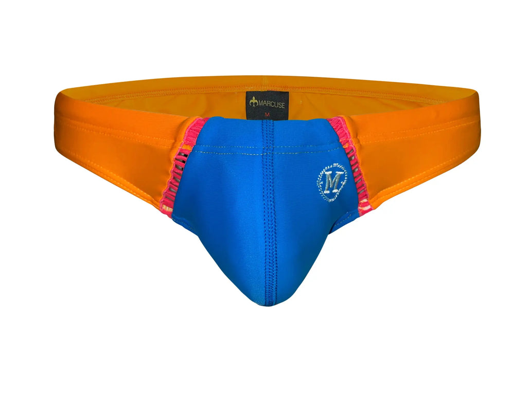 Bright orange and royal blue marcuse jupiter bikini swimwear briefs with pink trim and marcuse brand label visible