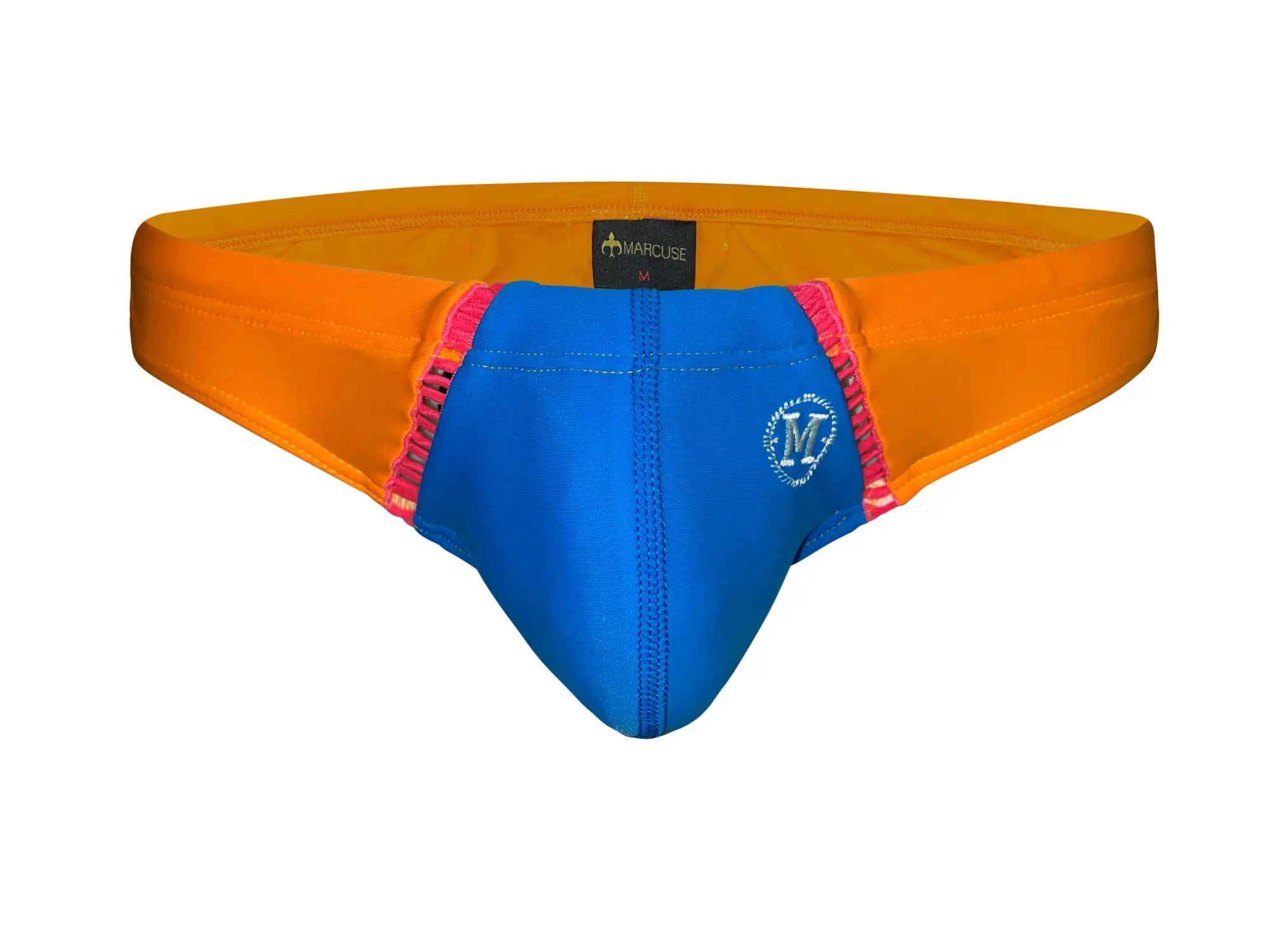 Bright orange and royal blue marcuse jupiter bikini swimwear briefs with pink trim and marcuse brand label visible
