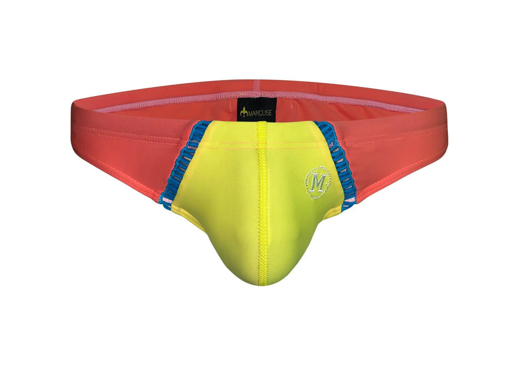 Marcuse Jupiter bikini swimwear featuring vibrant coral and neon yellow swim trunks with blue trim and a branded logo