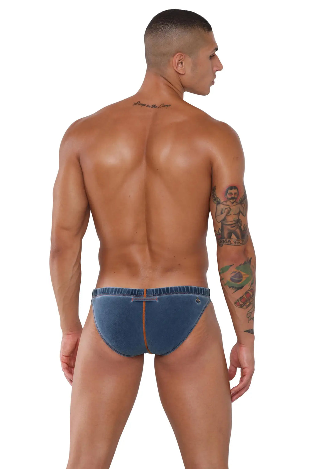 Blue denim marcuse koper bikini swimwear briefs with central seam and elastic waistband front view