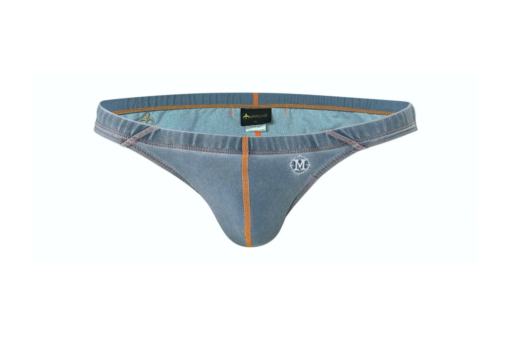 Marcuse Koper bikini swimwear blue denim-style thong with orange stitching and a small front logo