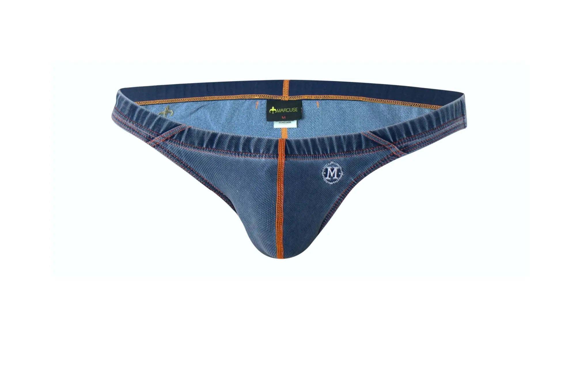 Marcuse koper bikini swimwear denim-style men’s thong in medium blue with orange stitching and branded label