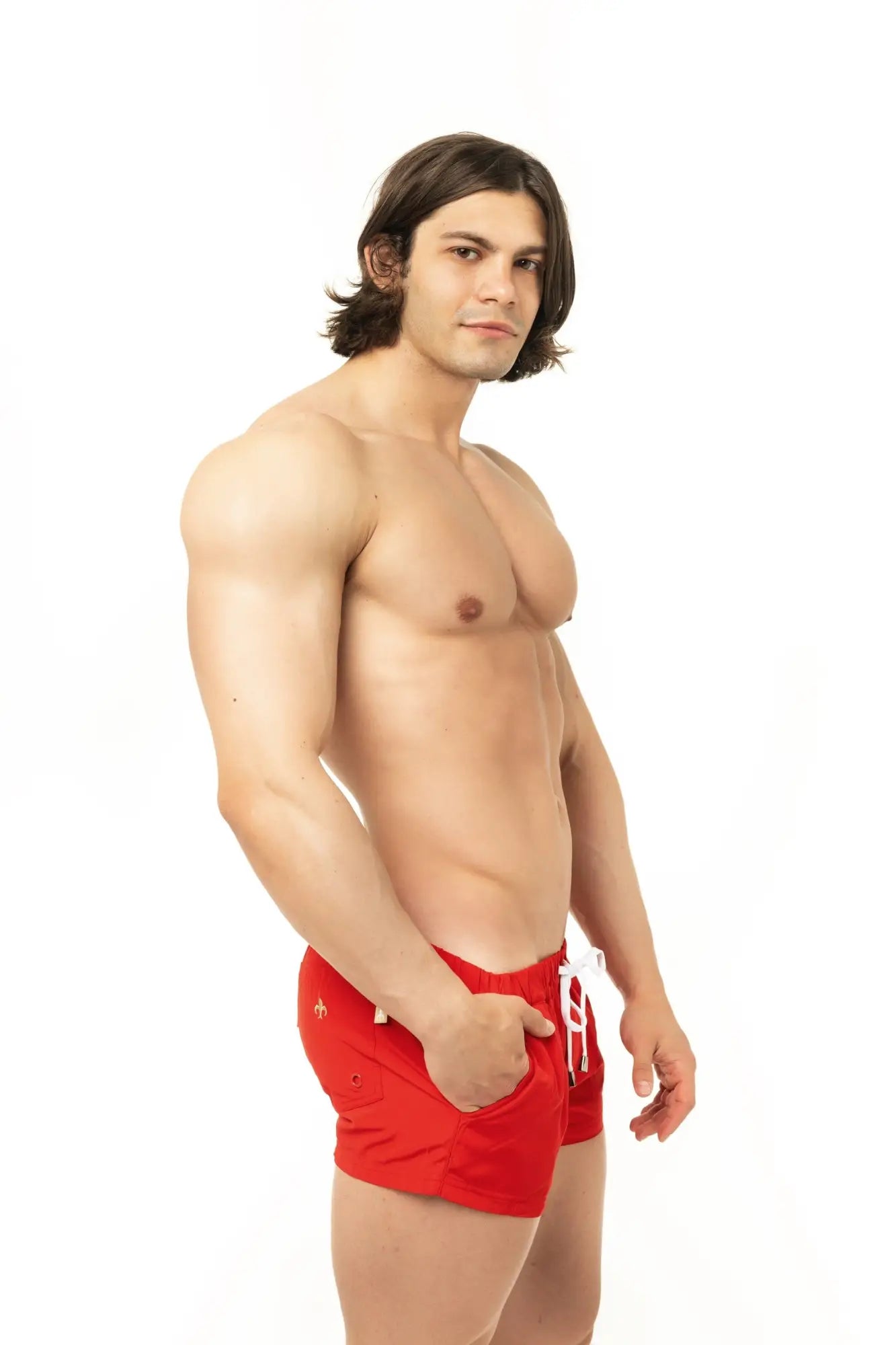 Marcuse league shorts red swim trunks with white drawstrings and small embroidered logo on the left leg