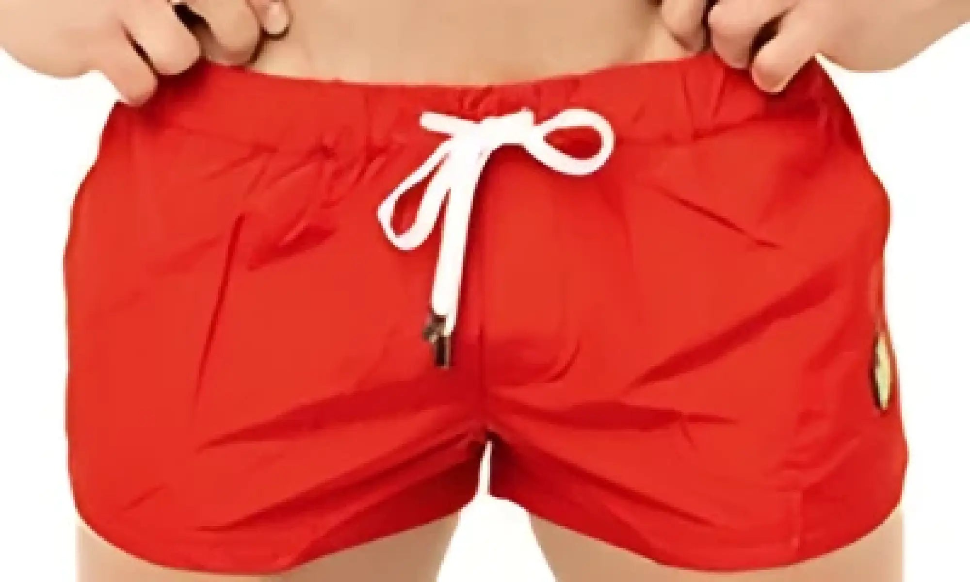 Marcuse league shorts in red swim trunks with white drawstring and small logo on the left leg for swimming