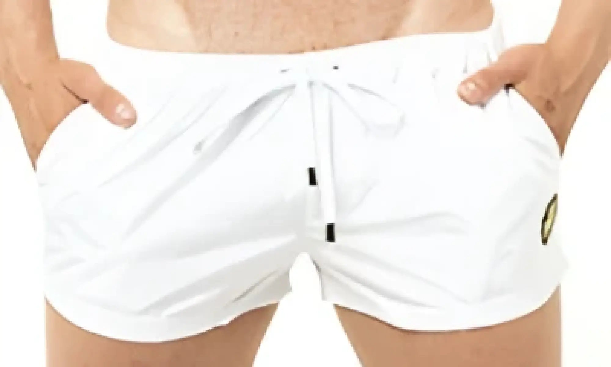 White marcuse league shorts with drawstring waistband and subtle side stripes for swimming and beachwear