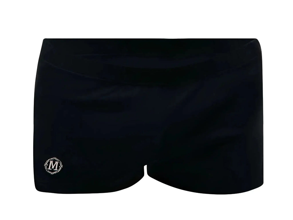 Black Marcuse leisure shorts with a subtle sheen and an embroidered logo on the lower left leg
