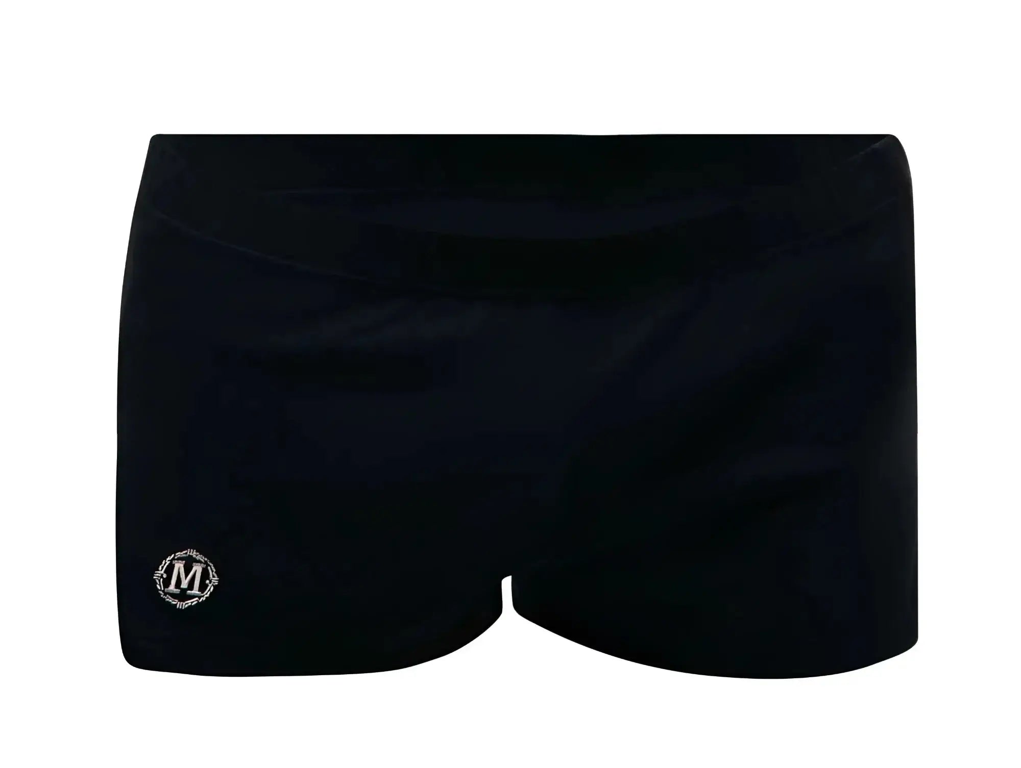 Black Marcuse leisure shorts with a subtle sheen and an embroidered logo on the lower left leg