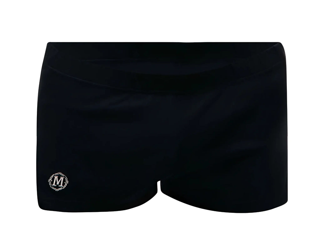 Black Marcuse leisure shorts with a subtle sheen and an embroidered logo on the lower left leg