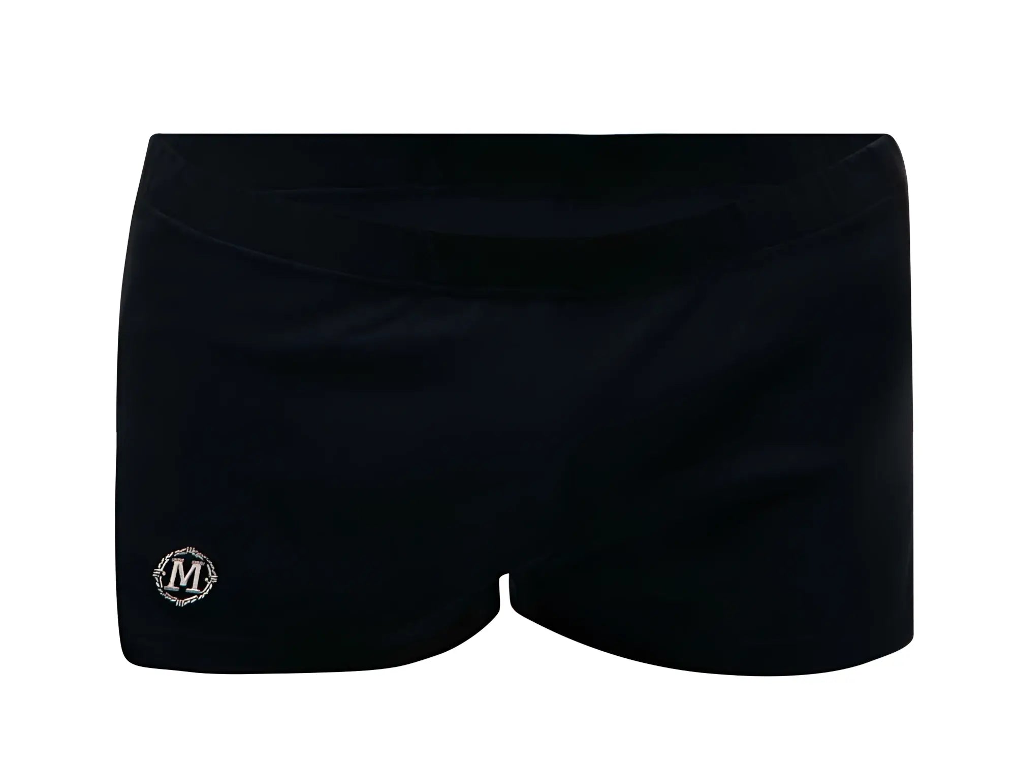 Black Marcuse leisure shorts with a subtle sheen and an embroidered logo on the lower left leg