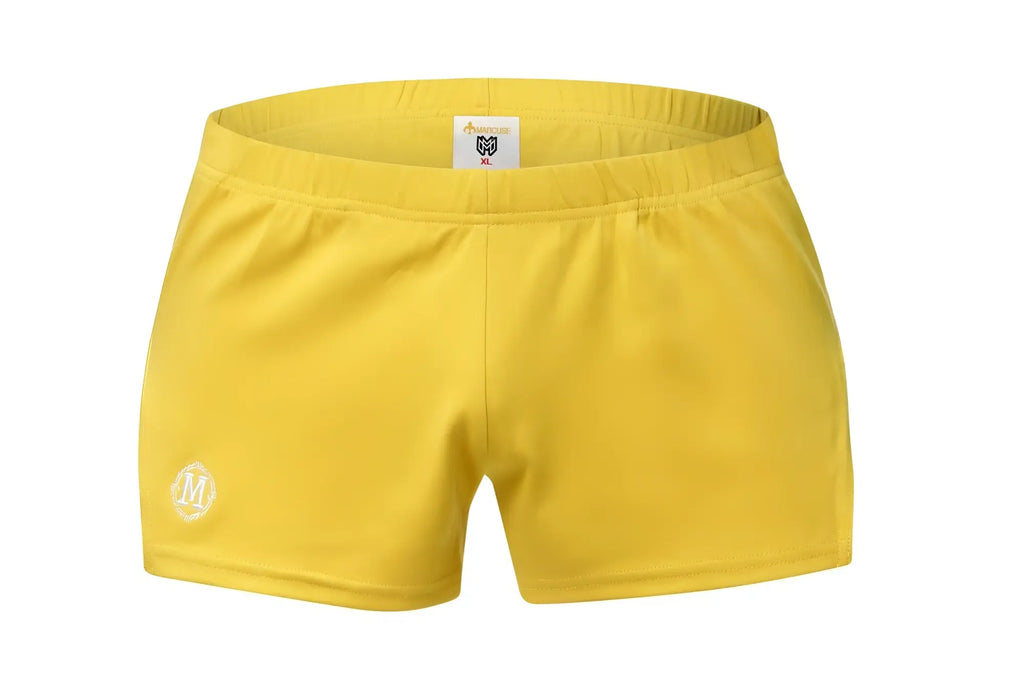 Marcuse leisure shorts bright yellow athletic shorts with elastic waistband and white logo on left leg