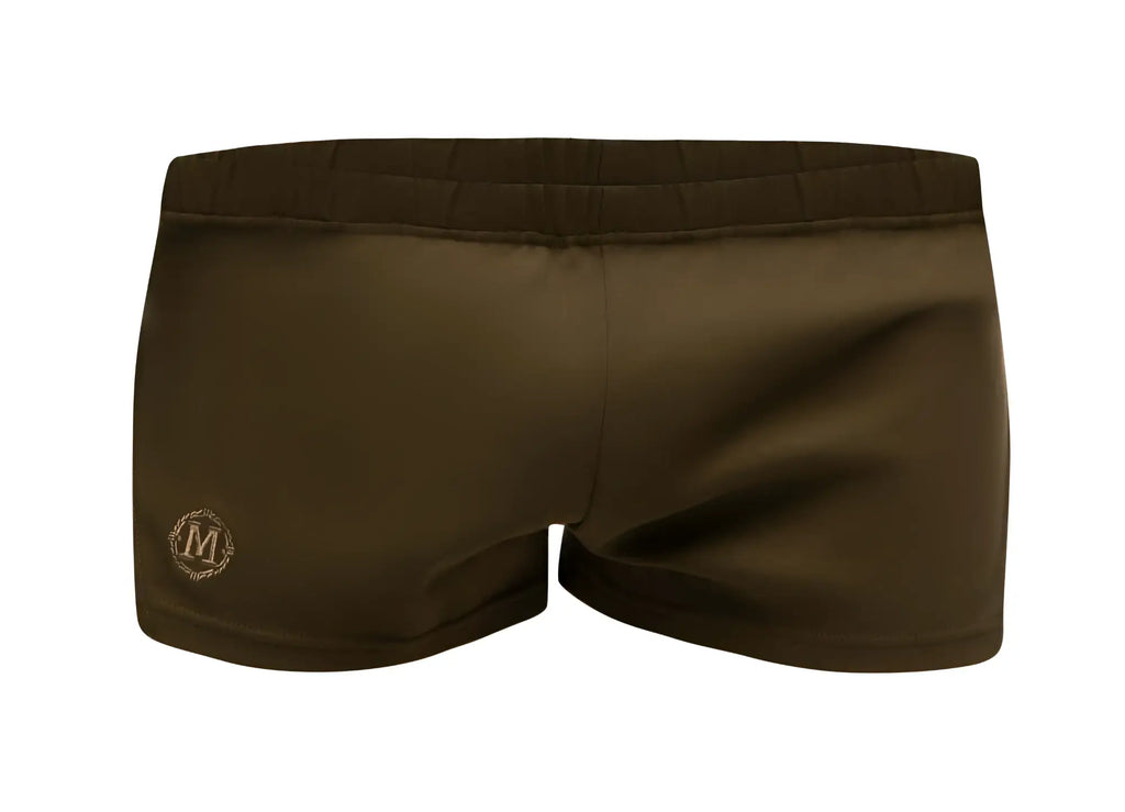 Brown marcuse leisure shorts with subtle embroidered logo on left leg made from breathable athletic fabric
