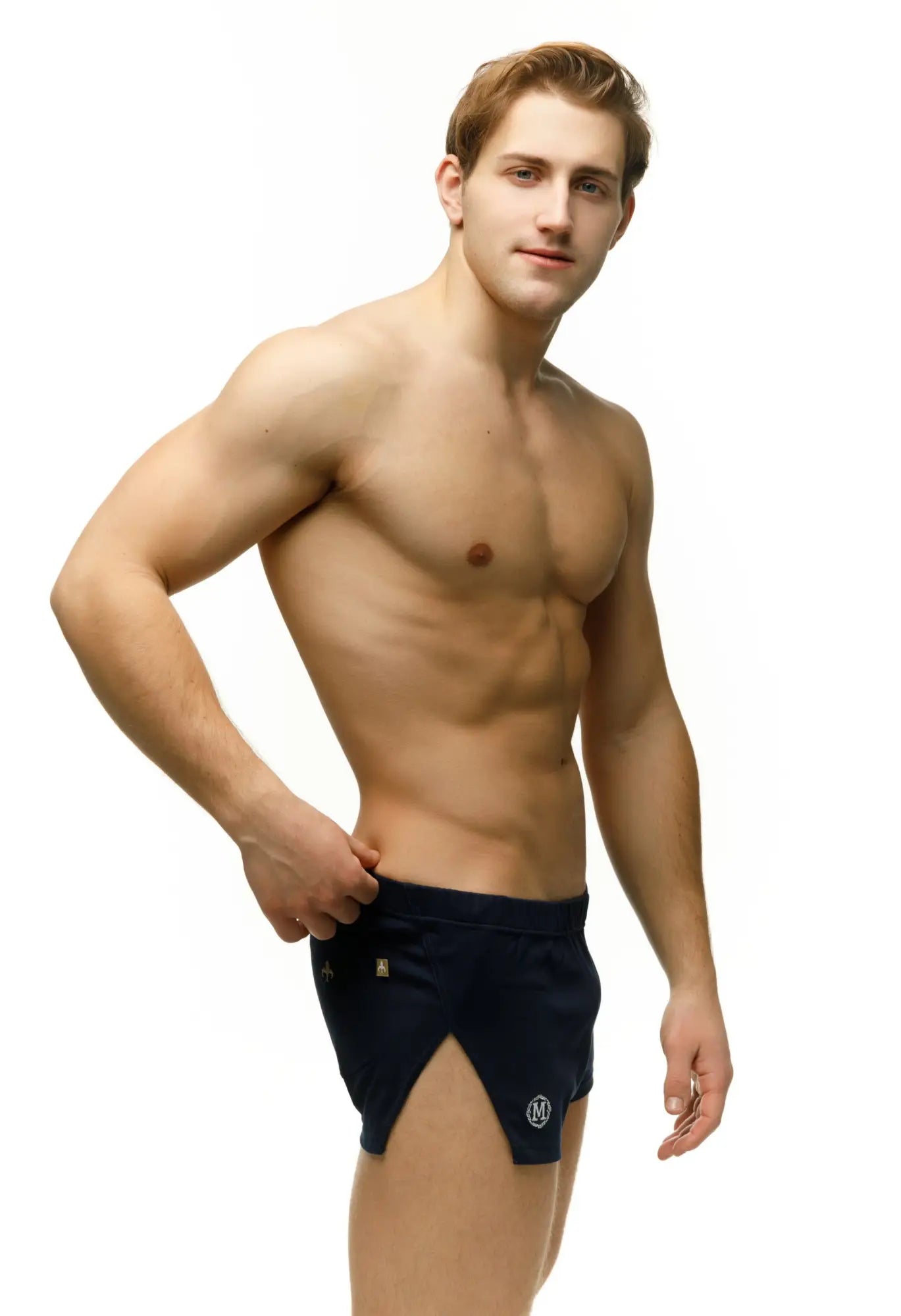 Navy blue Marcuse Leisure Shorts athletic briefs with small embroidered logo on the lower right leg for active wear