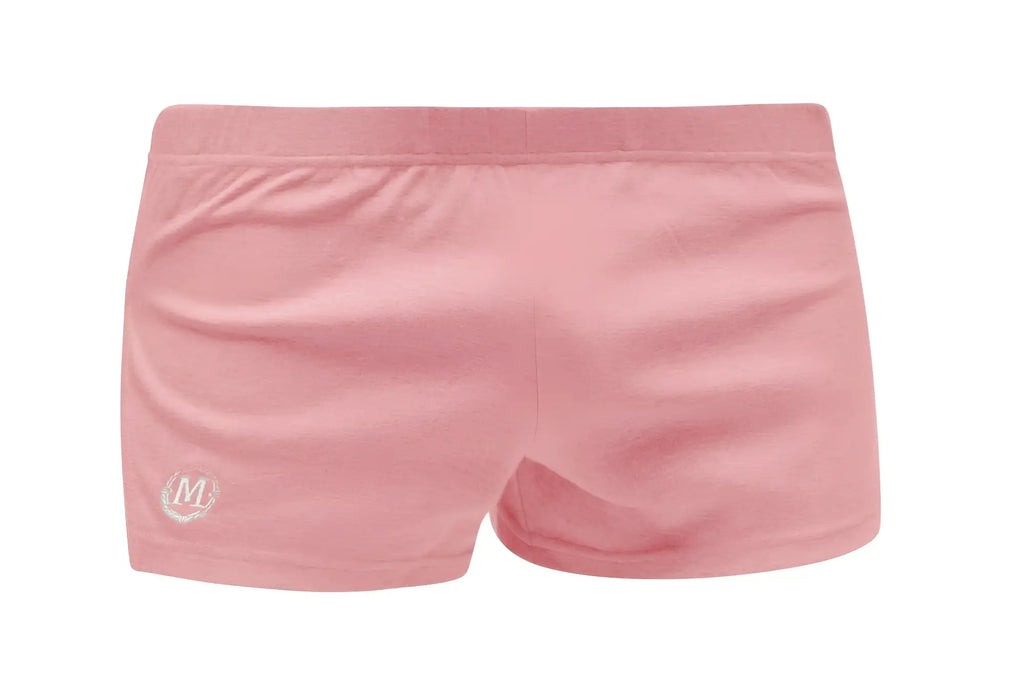 Pink marcuse leisure shorts made of soft stretchy fabric with a small embroidered logo on the lower left leg