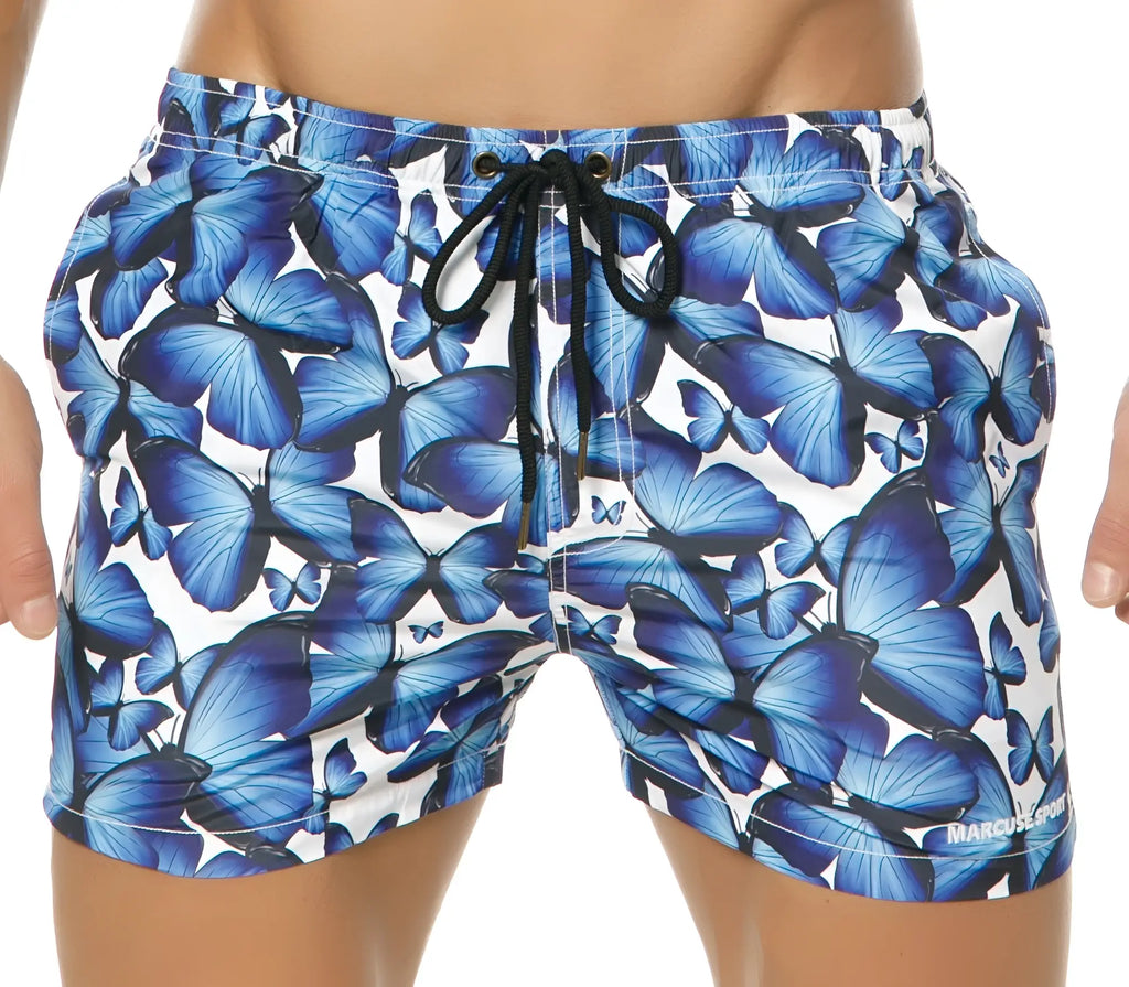 Marcuse liberty shorts blue butterfly patterned swim trunks with white base and black drawstring for swimming