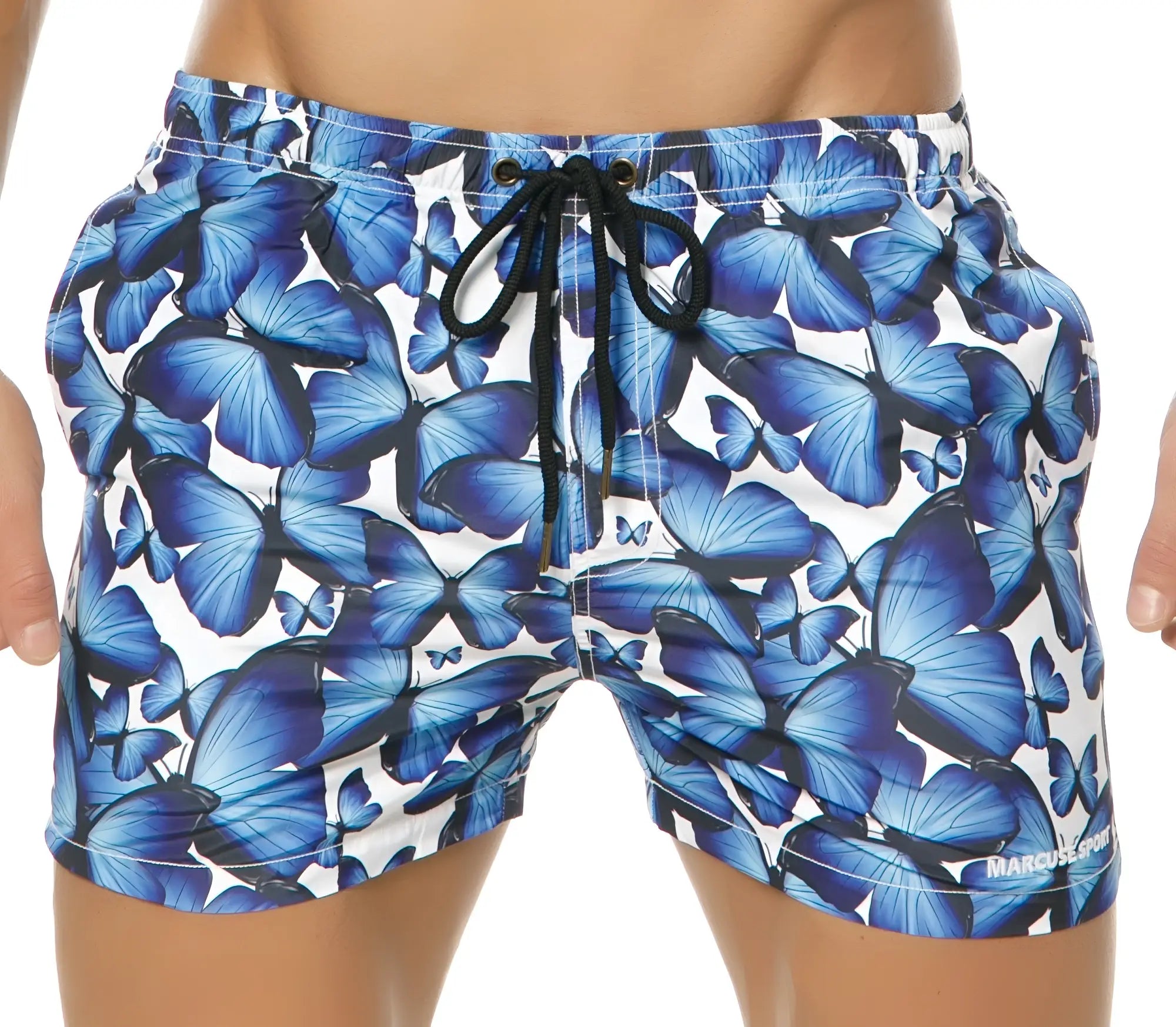 Marcuse liberty shorts blue butterfly patterned swim trunks with white base and black drawstring for swimming