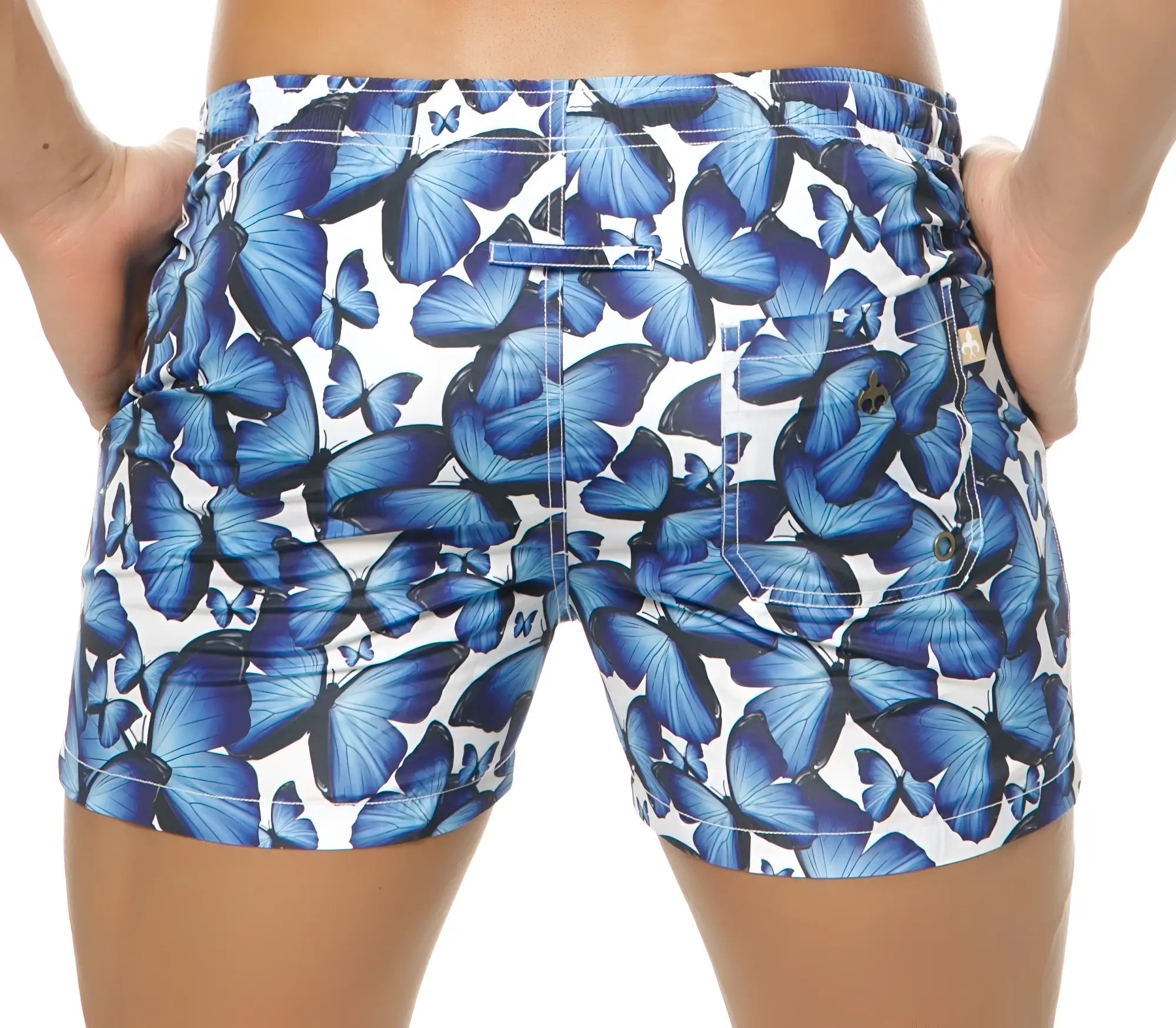 Marcuse liberty shorts blue butterfly patterned swim trunks with white base perfect for beachwear