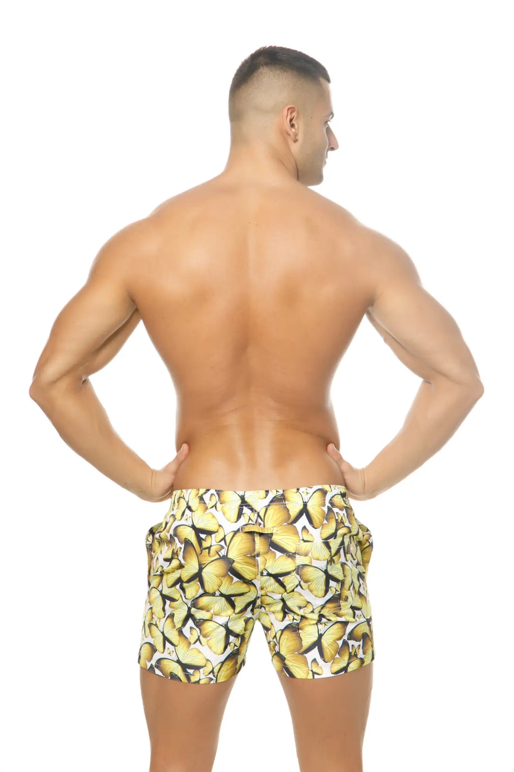Marcuse Liberty shorts yellow and black butterfly patterned swim trunks made from quick-dry fabric for swimming