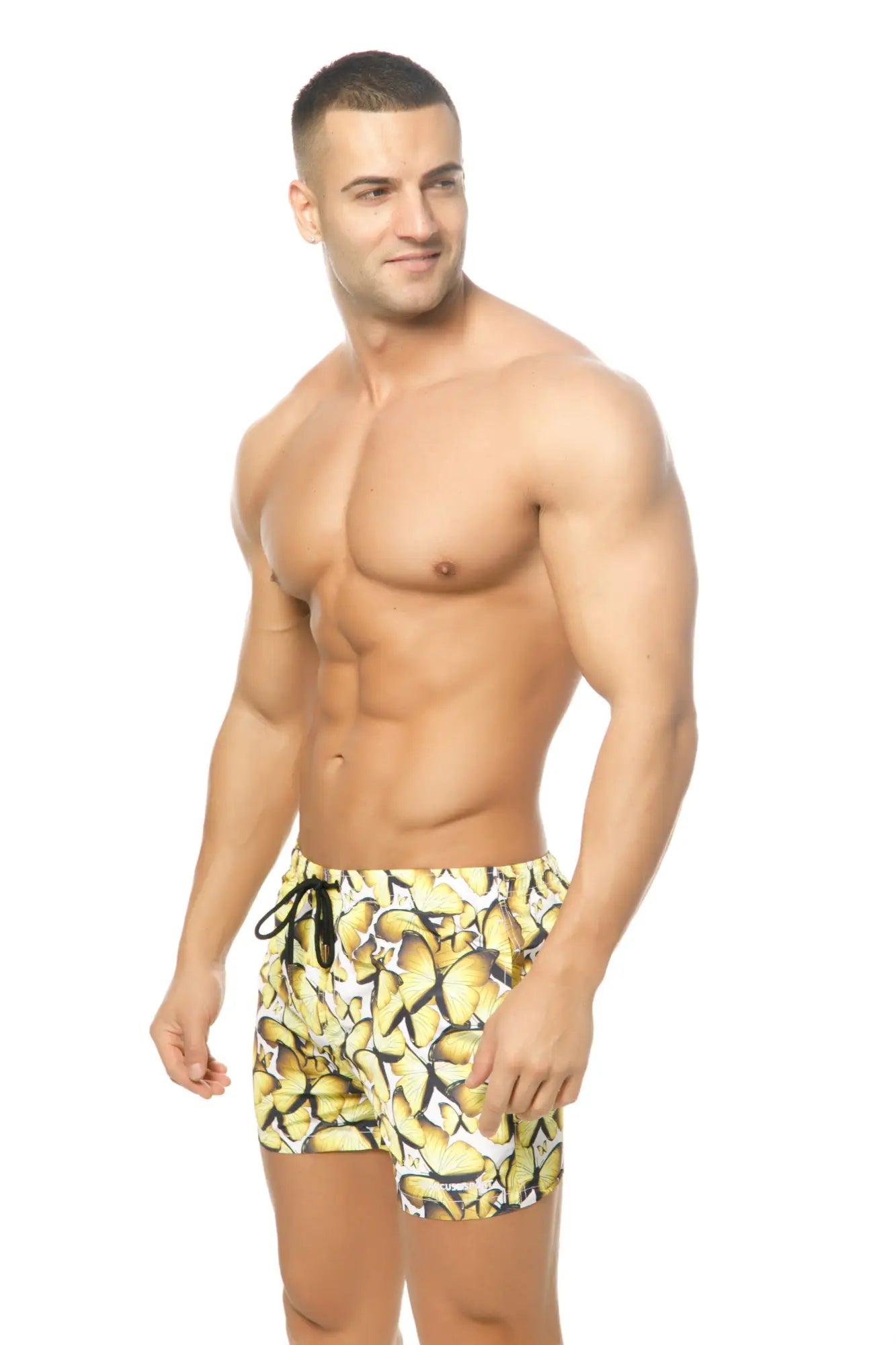 Marcuse Liberty Shorts yellow and black butterfly-patterned swim trunks with a drawstring waistband for swimming