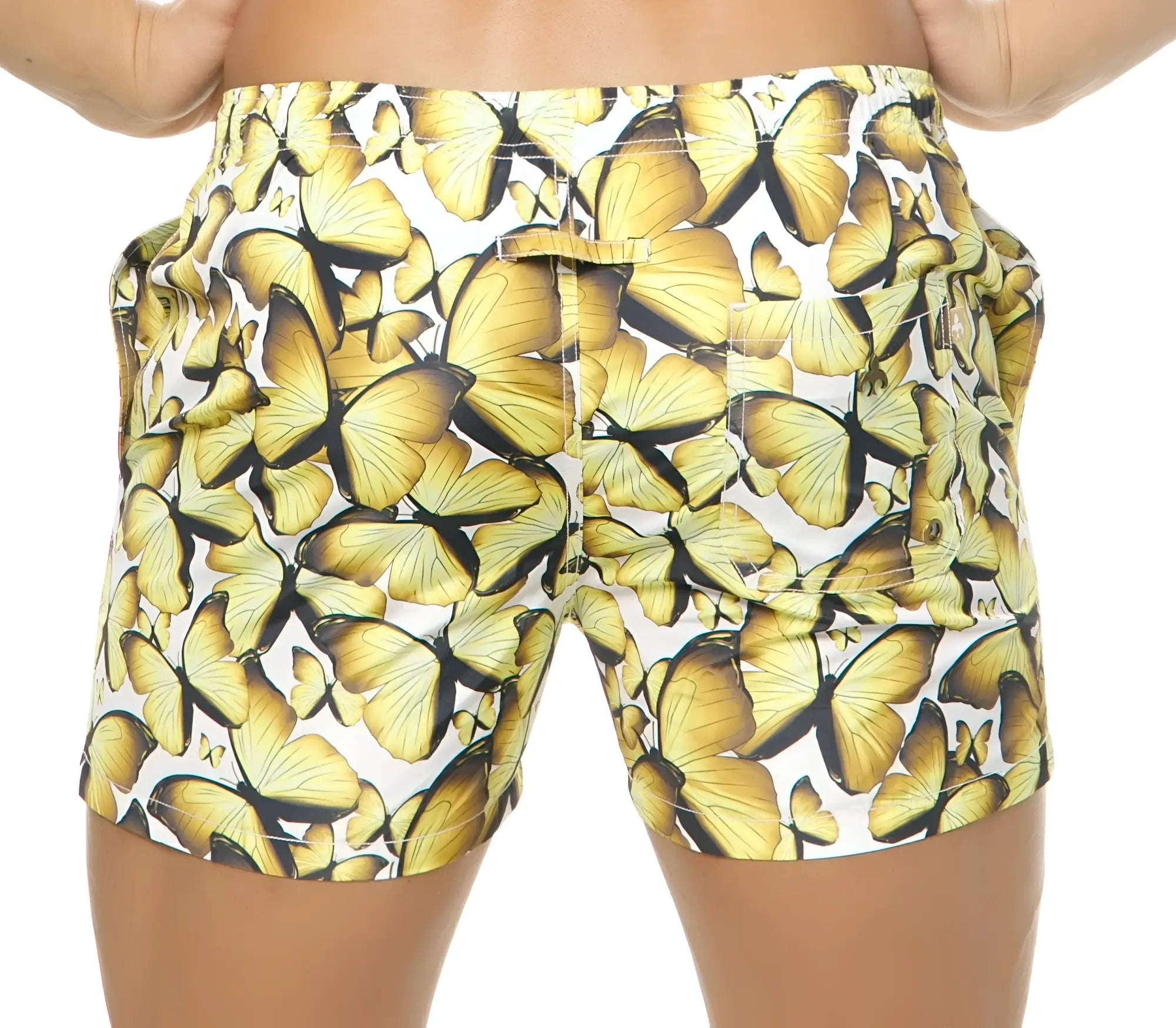 Marcuse Liberty shorts yellow butterfly patterned swim trunks on white background front view