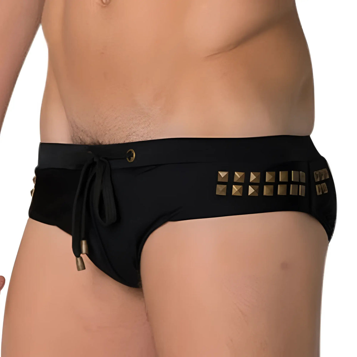 Black Marcuse MA_Stud swim trunks with gold-tone square studs along the waistband and matching drawstring