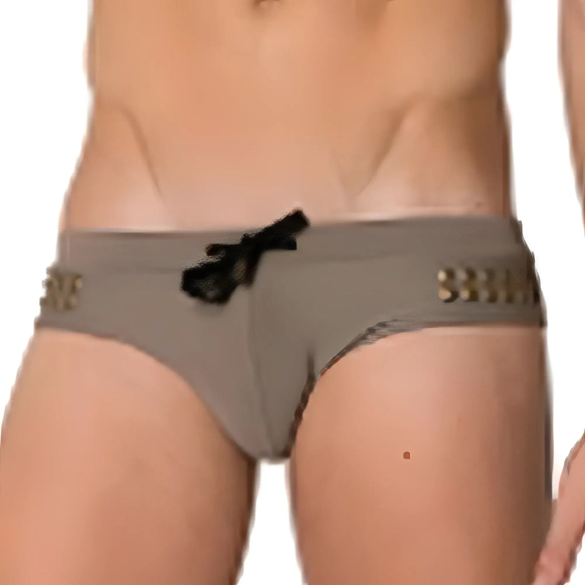 Gray marcuse ma_stud swim trunks with black drawstring and gold-tone metallic embellishments on waistband
