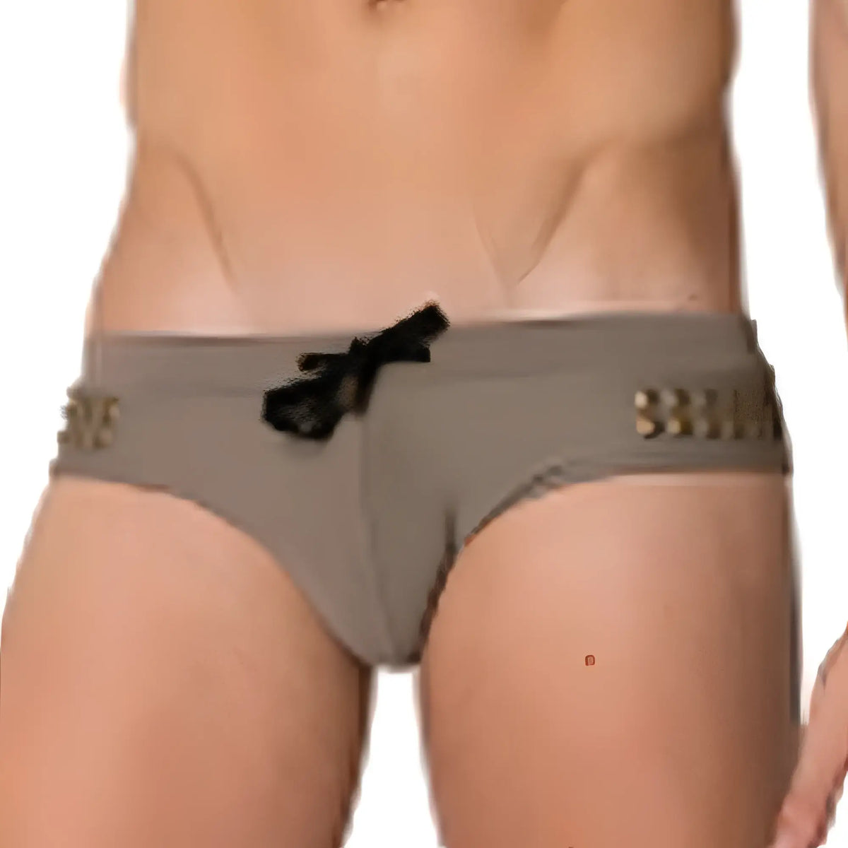 Marcuse ma_stud swimwear gray swim trunks with black drawstring and gold-tone metallic waistband embellishments