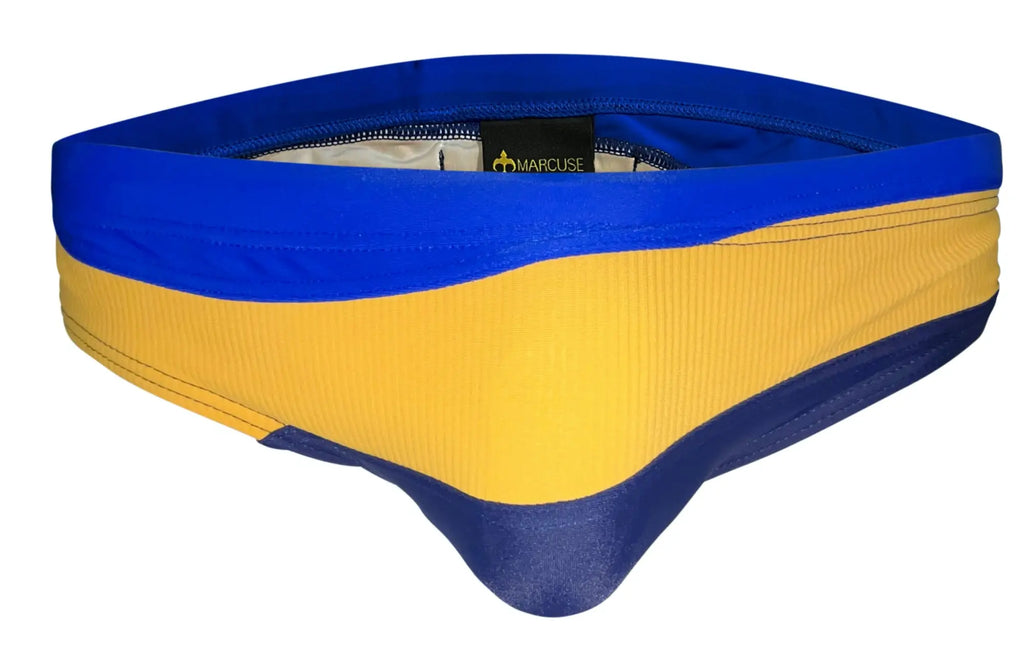 Marcuse maillons bikini swimwear blue and yellow striped men’s briefs with ribbed texture and marcuse brand label