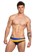 Marcuse maillons bikini swimwear blue and yellow striped swim trunks designed for comfortable beachwear use