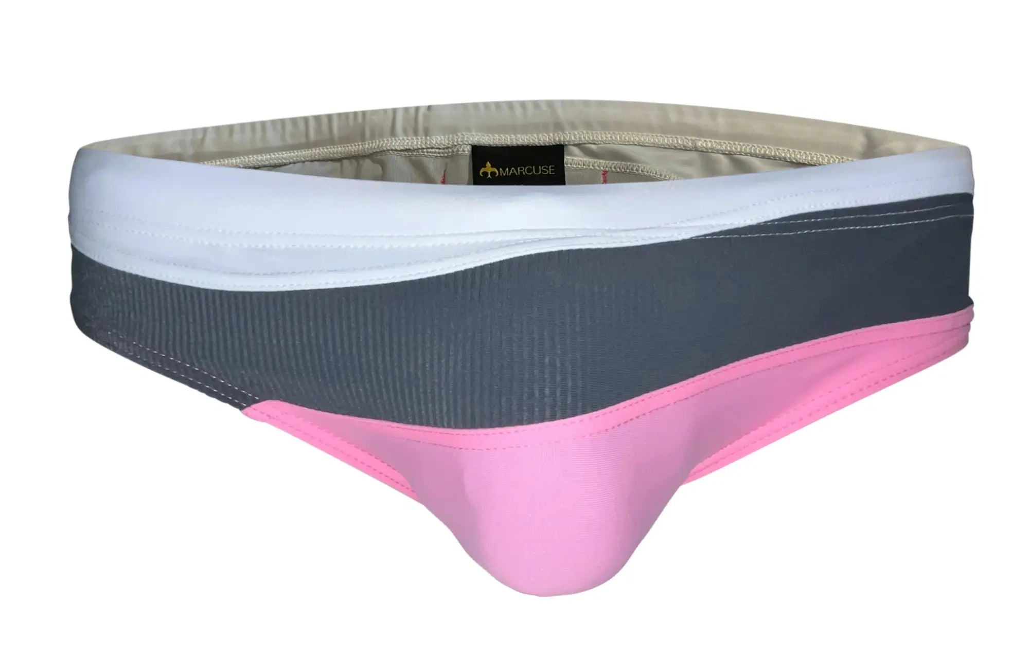The marcuse maillons bikini swimwear features men’s briefs with a bold three-tone white charcoal gray and vibrant pink design